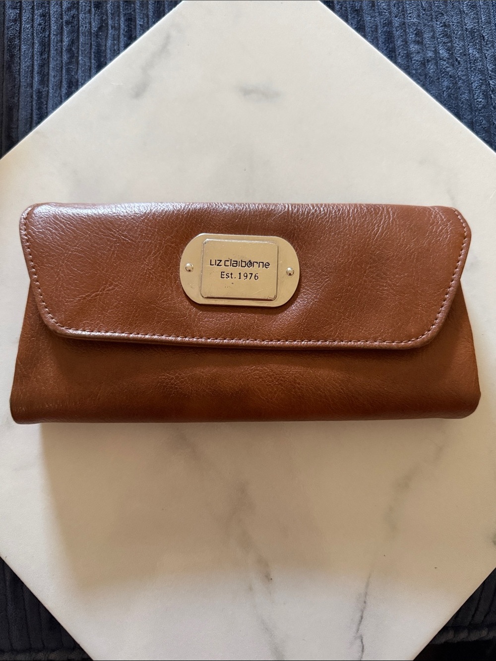 Liz Claiborne Tan Brown Leather Flap Wallet with Gold Plaque